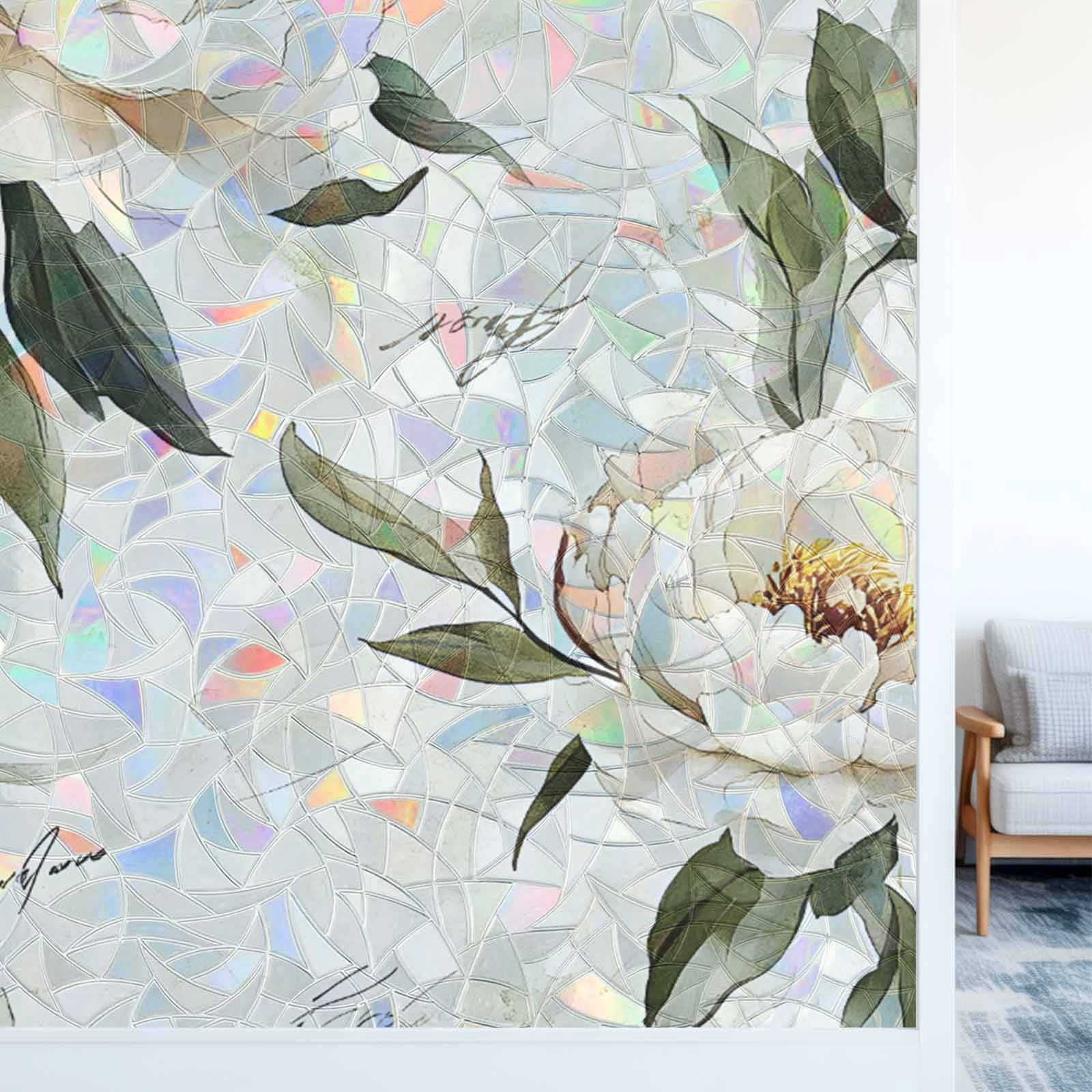 Rainbow Window Privacy Film, Vintage Floral Spring Static Cling Window Film PVC, Farmhouse Botanical White Flowers No Glue UV Blocking Glass Covering, Removable Stained Glass Sticker 23.6''x59''