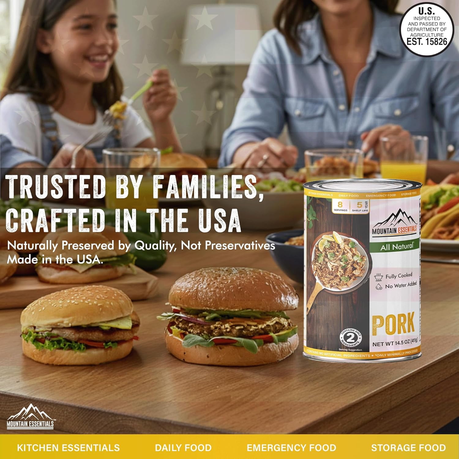 Mountain Essentials Canned Pork 14.5 oz (Pack of 6) – Fully Cooked Ready-to-Eat Pork Meat, Shelf Stable Protein, Gluten Free, No Carbs, Emergency Food Supply, Camping & Pantry Staple, Made in USA