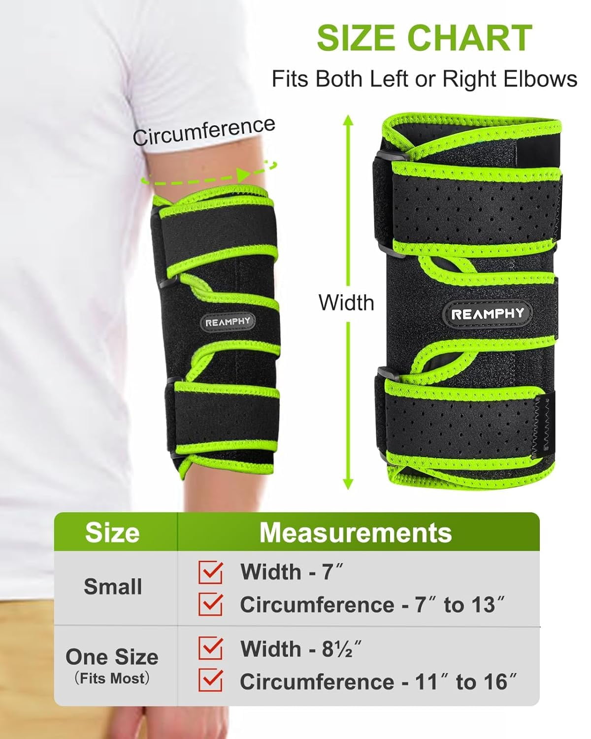 Reamphy Elbow Brace Comfortable Night Sleep, Cubital Tunnel Syndrome, Ulnar Nerve entrapment Relief Pain and Tendonitis, Arm Straightener Fit Men ＆ Women (One Size Green)