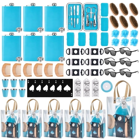 Baby Shower Prizes for Men 12 Set with 8oz Stainless Steel Hip Flask Bottle Opener Manicure Kit Bath Sponge Sunglasses Gift Bag Baby Shower Game Prizes for Winner Bachelor Party (Black 12 Sets)