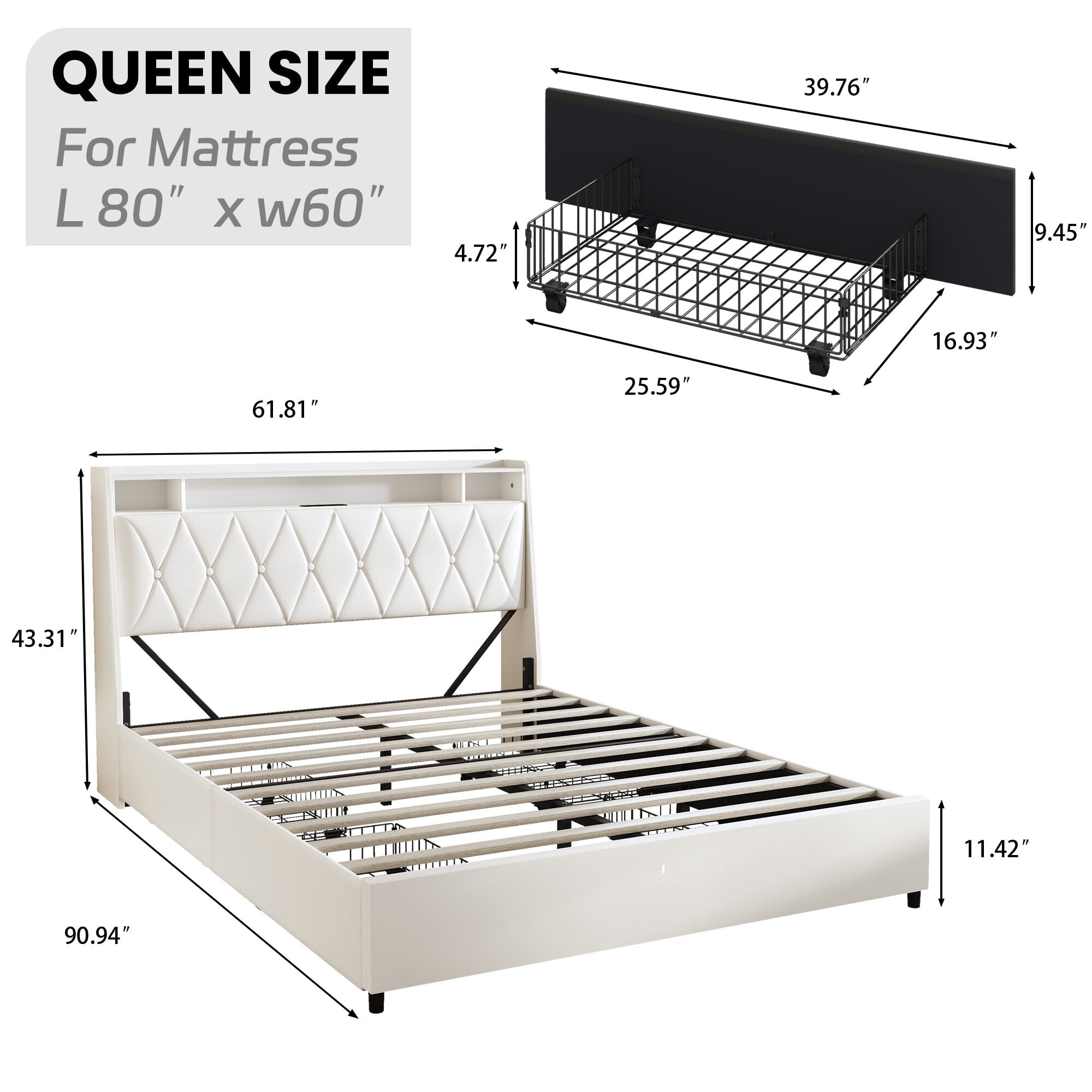 AENKYO Queen Size Bed Frame with LED Lights, Upholstered Storage Headboard & 4 Drawers, and Built-in Charging Station, Beige