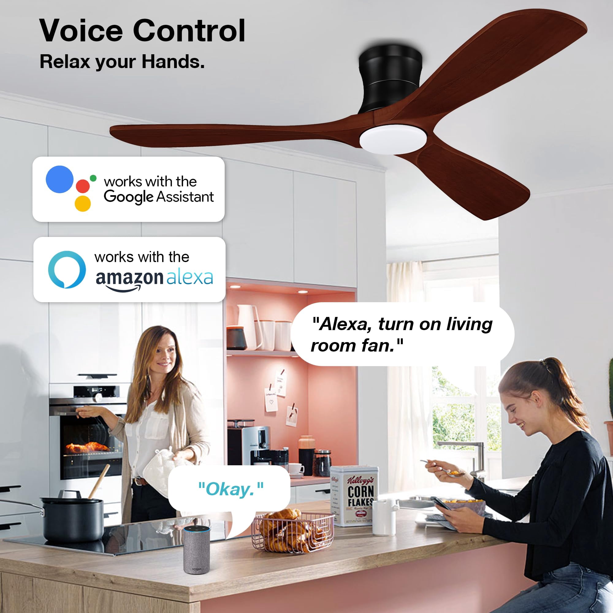52” Smart Wood Flush Mount Ceiling Fans with Lights Remote,Quiet DC Motor,Outdoor Indoor Low Profile Ceiling Fan,Voice WIFI Alexa App Control,Dimmable,6-speed,for Modern Bedroom Patio