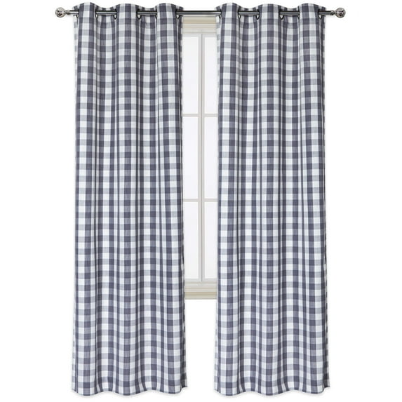 GlowSol Farmhouse Window Curtain 54 inches Length Blackout Plaid Window Curtain Drapes for Dining Room Living Room, Gray White, 2 Panels