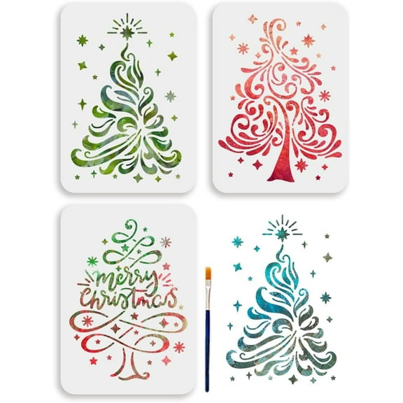 3pcs A4 Christmas Tree Stencil Christmas Star Snowflake Tree Template 11.7x8.3inch with Paint Brush Merry Christmas Reusable Plastic Stencil for Wood Fabric Wall Window DIY Craft Mixed Color