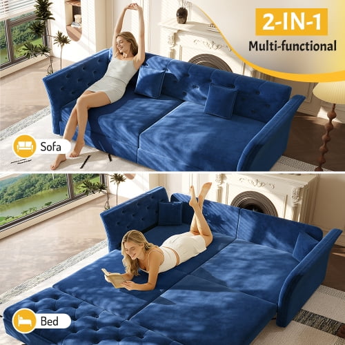 100" Oversize Velvet Pull Out Sofa Bed, Convertible Sleeper Loveseat with Handmade Flower Tufted Design, Multi-Functional Sofa Couch for Living Room & Bedroom, Blue