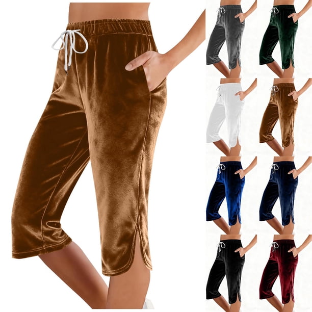Pincandy Women's Solid Color Sports Casual Drawstring Elastic Waist Pants with Pockets, Split Hem, 7-Point Length, Casual & Daily Wear