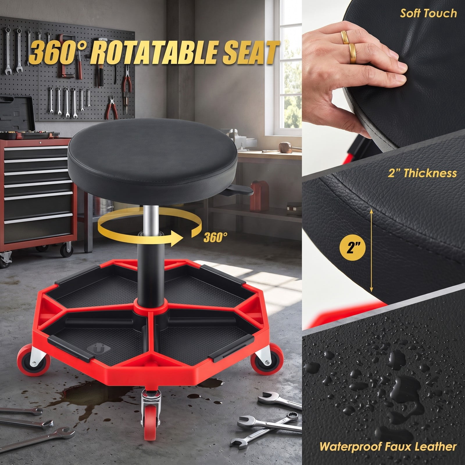 Biotree Pneumatic Rolling Mechanic Stool with Padded Seat, 330 LBS Capacity Height Adjustable Swivel Garage Shop Work Chair with Tool Tray and 4 Casters, Red