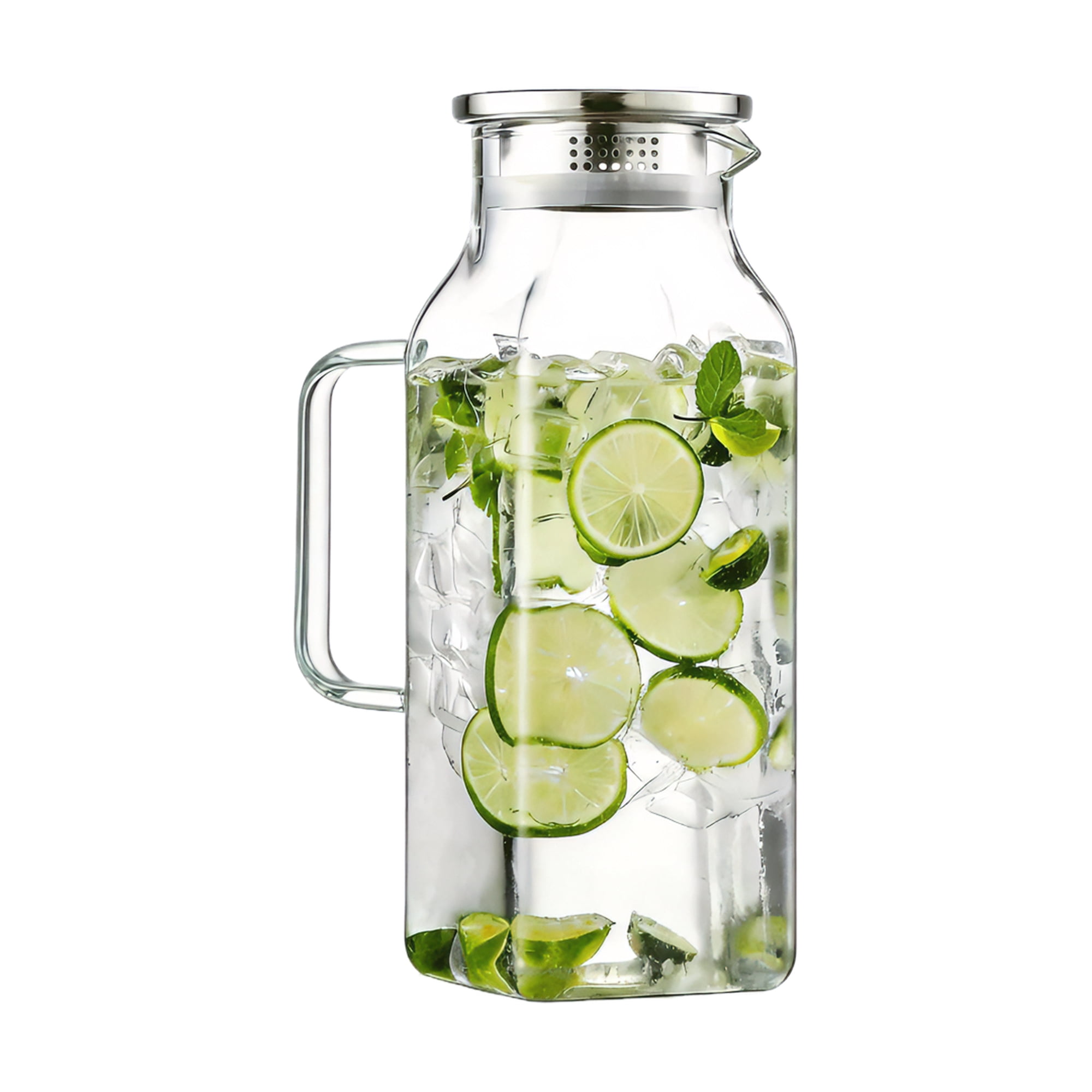 2 Liter/68 oz Square Glass Pitcher with Lid, Classic Stripes Water Pitchers with Handle for Fridge, Large Borosilicate Glass Carafe for Iced Tea, Coffee, Hot/Cold Brew Drink, Sliver