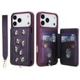thumbnail image 3 of for iPhone 17 Pro Max Wallet Case, Magnetic Snap Flip PU Leather TPU Cover with Flower Design Credit Card Holder Stand Wristband Shoulder Strap Protective Phone Case for Women Girls, Purple, 3 of 9