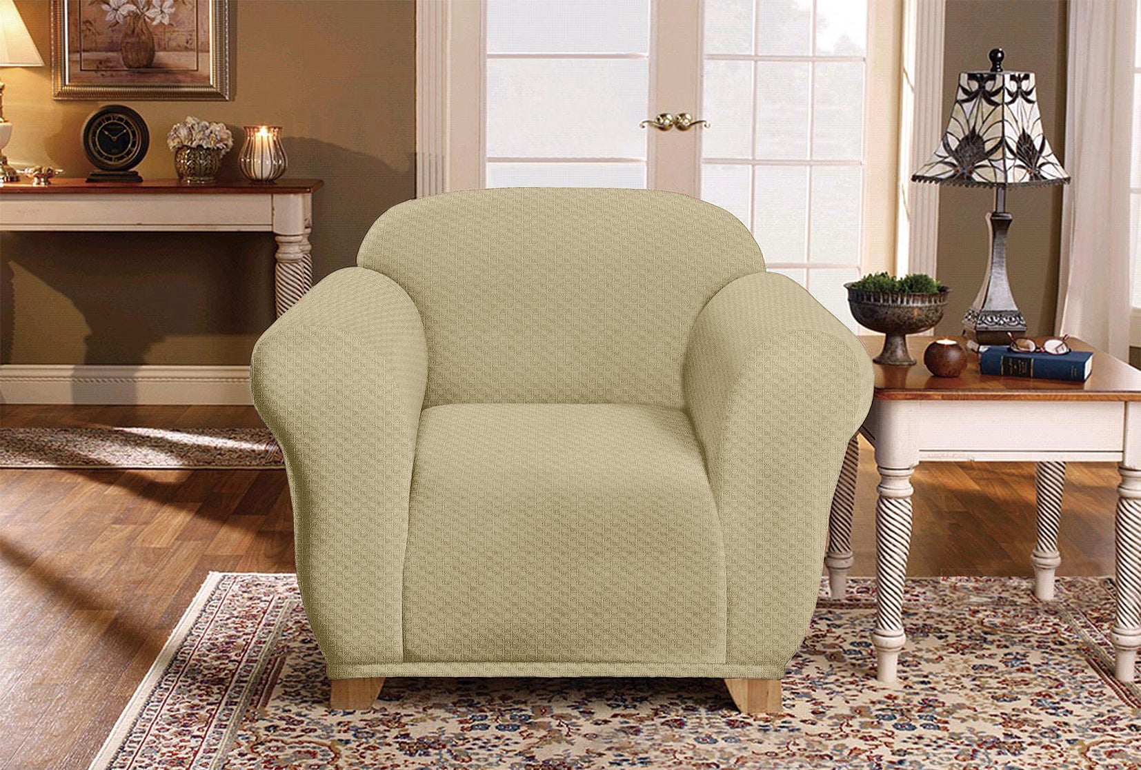 Milan Furniture Slipcover Fitted Protector Couch Cover Jacquard Soft Stretch Non Slip Fabric, Arm Chair, Sand