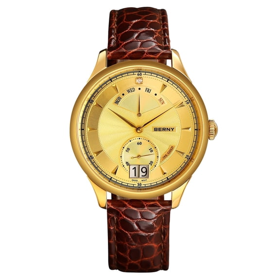BERNY Gold Watches for Men, Luxury 18K Gold Plated Diamond Quartz Analog Watch, Leather Strap, 5ATM Waterproof, Day & Date Calendar, Sapphire Crystal, Stainless Steel Dress Mens Wrist Watch (Gold)
