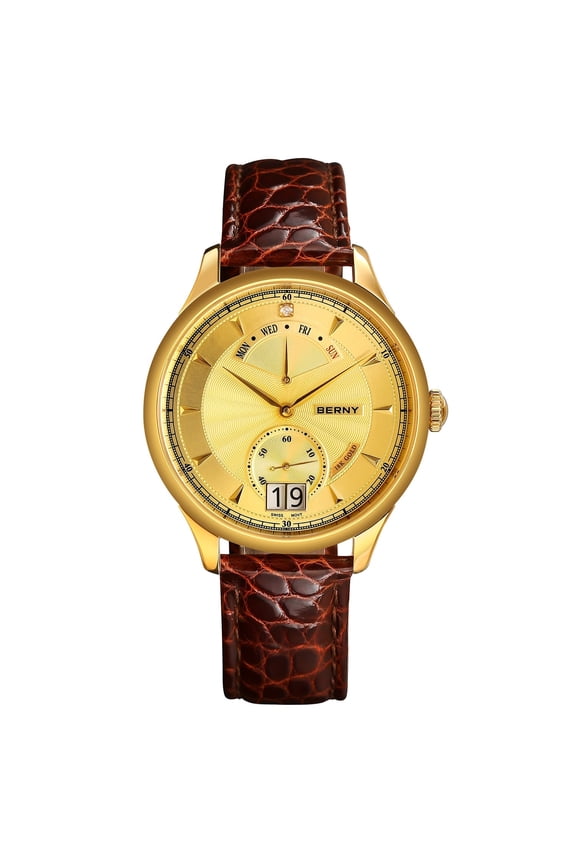 Gold Watches for Men, Luxury 18K Gold Plated Diamond Quartz Analog Watch, Leather Strap, 5ATM Waterproof, Day & Date Calendar, Sapphire Crystal, Stainless Steel Dress Mens Wrist Watch (Gold)