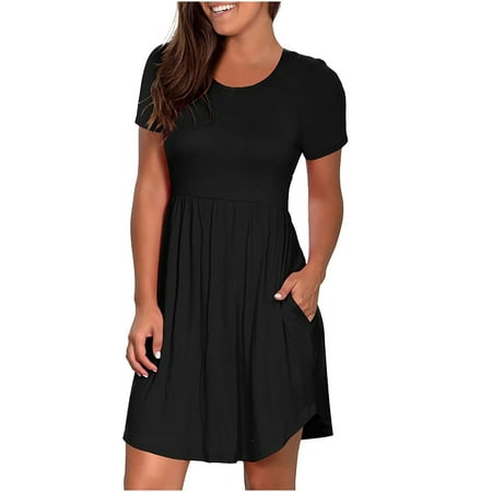 

Maxi Dress for Women Summer Dress Women s Fashion O Neck Long Dress Short Sleeved Solid Pocket Dress Summer Dresses for Women 2022 Summer Dresses for Women on Clearance Black M