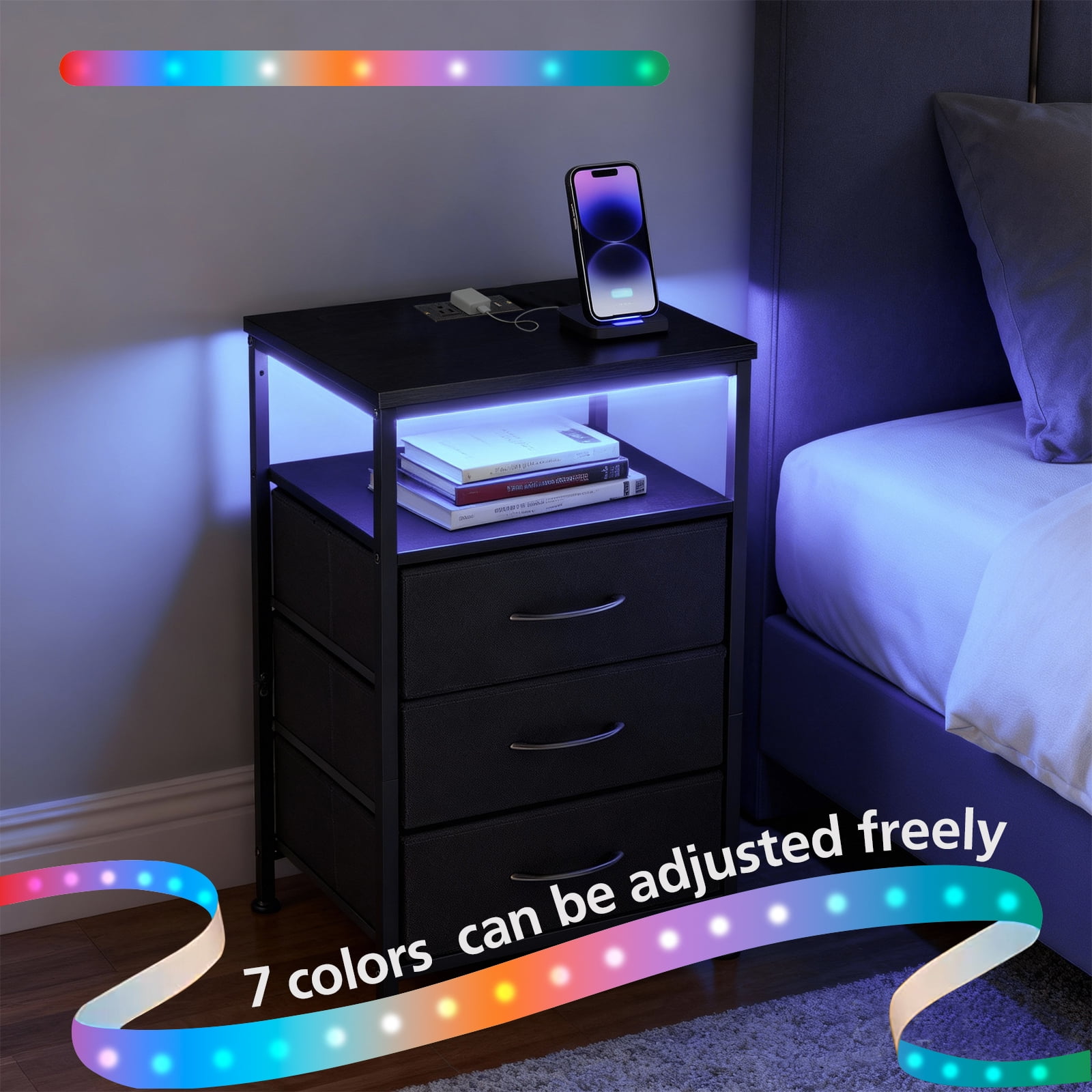 Smart Nightstand with LED Lights & Charging Station | Remote App Control Bedside Table | 2 AC Outlets, USB-C Port, 3 Drawer Storage | Modern End Table for Bedroom, Black