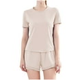 thumbnail image 3 of Women's Two Piece Athletic Sets Short Sleeve Tops Shorts Tracksuits Fashion Summer Solid Color Loose Sport Suits (Beige XXL), 3 of 3