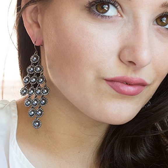Dramatic Grey Beaded Chandelier Dangle Earrings with Hematite Finish - 3.5 Inch Statement Jewelry