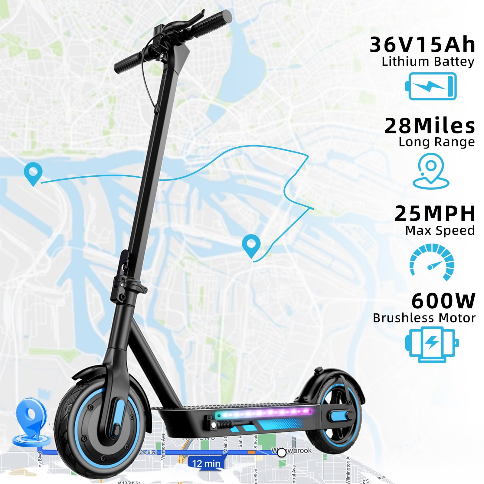 Electric Scooter for Adults, 600W Motor, 10"Air Tires, up to 25 MPH and 22-30 Miles Range, Foldable Commuter E Scooter with Drum Braking System and Smart APP Control Blue
