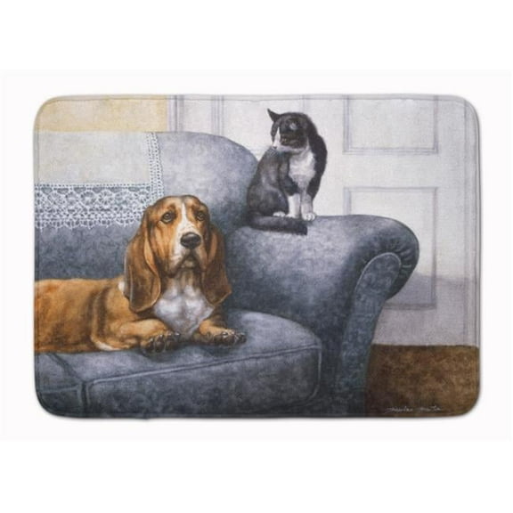 Basset Hound & Cat on couch Machine Washable Memory Foam Mat