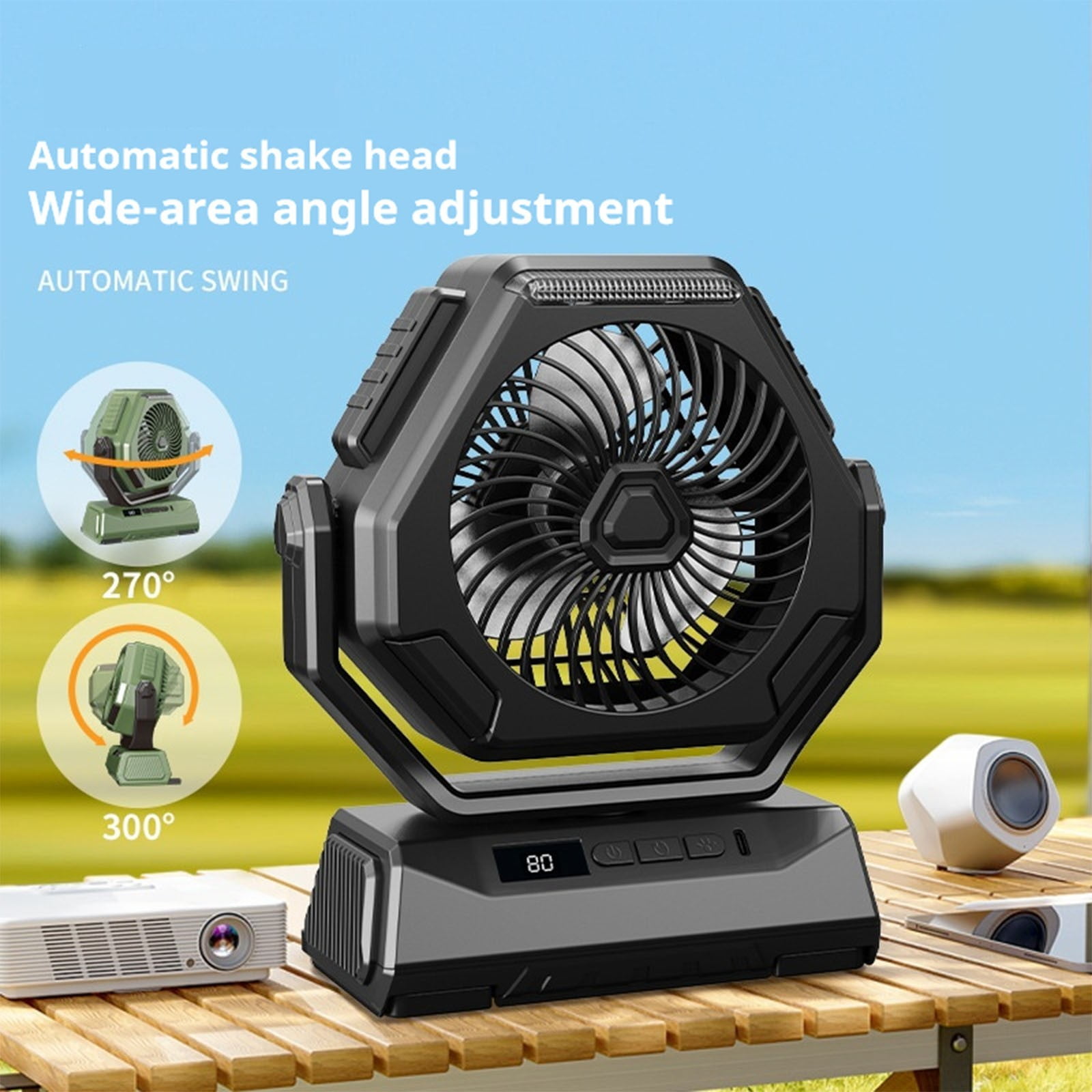 Fasiaou 6" Camping Fan with LED Light - Portable Rechargeable Outdoor Fan, 3 Speeds, Digital Display, Quiet Battery Operated Fan for Tent, Patio, Hiking, Travel, Emergency, 5000mAh Large Capacity