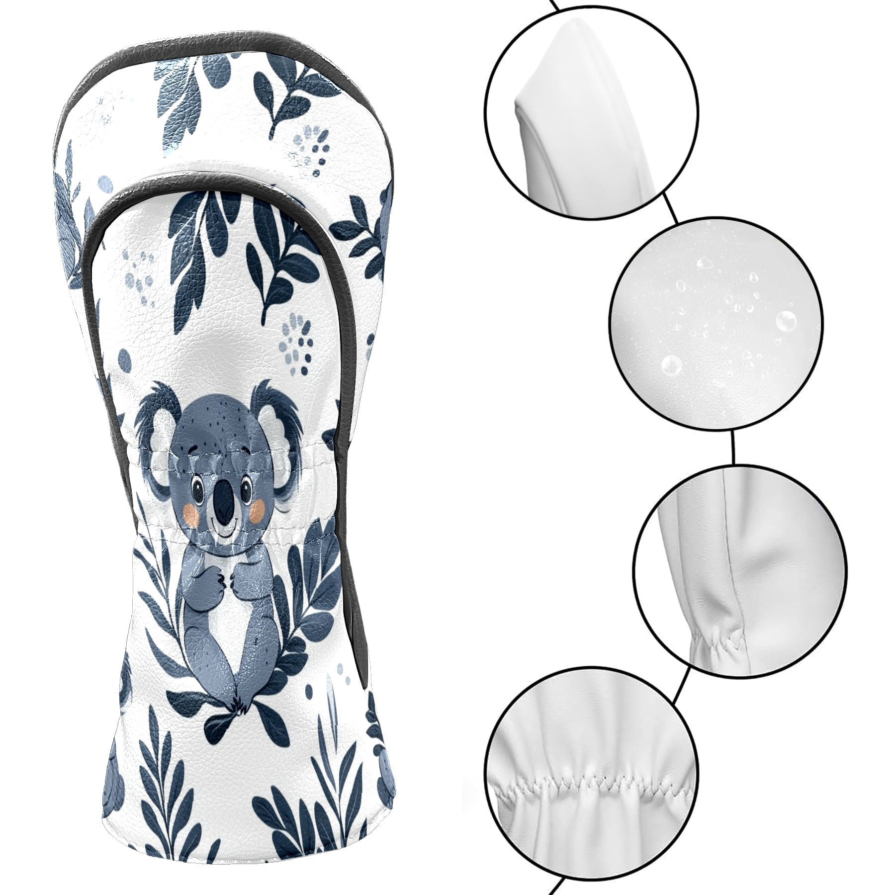 Golf Head Covers - Koala Pattern, Premium Waterproof PU Leather, Plush Lining, Fits Driver/Hybrid, Cute Animal Golf Gift