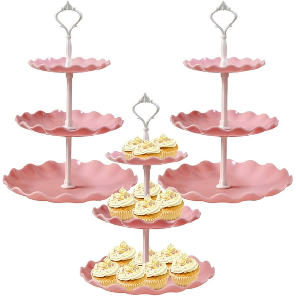 SINGOMON 3 Packs 3 Tier Cupcake Stand Pink Dessert Stand Plastic Cake Stand 3 Tiered Serving Tray Cupcake Holder Donut Stand Tea Party Plate Serving Platters