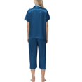 thumbnail image 4 of Juosiy Women Simpe Fashion Ice Silk Satin Sleepwear Solid Color Smooth Lapel Short Sleeve Capri Pajamas Home Suit, 4 of 7