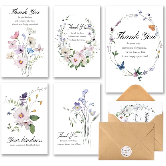 Cartes de Remerciement Funéraire C2U avec Enveloppes 4"x6", Autocollants et Message à l'Intérieur - Cartes de Remerciement de Deuil avec Fleurs Sauvages pour la Famille, les Amis et les Proches (20 Cartes avec Fleurs Sauvages)