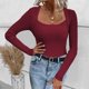 thumbnail image 4 of Gibobby Camiseta de manga larga Y2K Suéter de punto de cuello cuadrado de color sólido delgado sexy para mujer en otoño e invierno (Rojo, M), 4 of 5