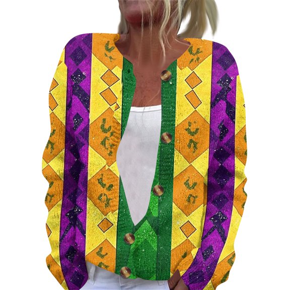 Fgvctg Mardi Gras Sweaters for Women Soft Carnival Party Open Front Cute Sweater Casual Long Sleeve Coat Mask Print Button Down Cardigan Sweaters Chunky Spring fall Outfits Gold 2XL