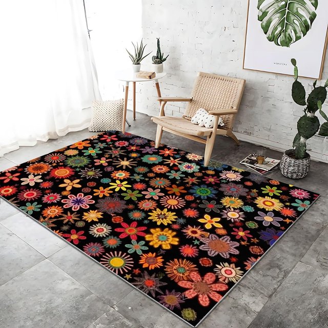 Washable Area Rug 3 X 5 ft, Lightweight Low-Pile Bohemian Floral Pattern Printed Area Rug, Kitchen Indoor Non Slip Carpet Floral Multicolor Print Mat Living Room Bedroom Dining Room