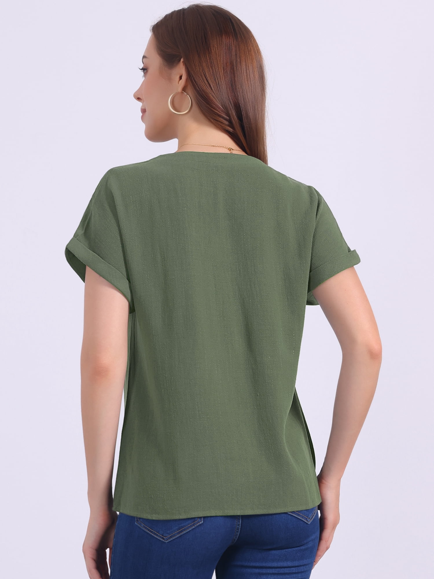 DARING DIVA Women's Linen Shirts Short Sleeve V Neck Blouse XL Army Green
