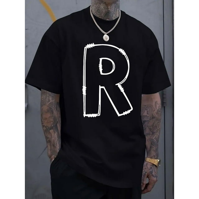 Camiseta de manga corta con cuello redondo para hombre, sencilla y elegante, con estampado de la letra R, cómoda y transpirable, ideal para vacaciones de primavera y verano.