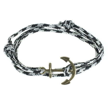 Men's Adjustable Nautical Anchor and Fish Hook Wrap Cuff Bracelets - Available in a Variety of Finishes and Colors - Made of Nylon Rope