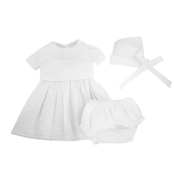 Infant, Baby Girl Dress Embroidered White Cotton Puffed Sleeve Dress, Bonnet, and Bloomers