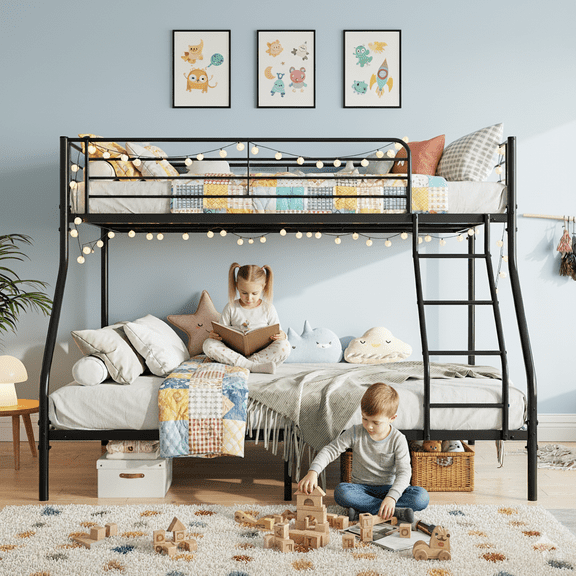UHOMEPRO Bunk Bed Twin Over Full, Sturdy Metal Bunk Beds Twin Over Full Size, Heavy Duty Bunk Beds, Bed Frame with Flat Ladder, Metal Support Slat, Safety Guardrail, 78"Lx56"Wx58"H, Black
