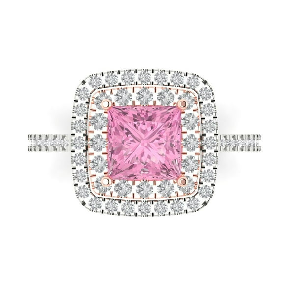2.07 ct Princess Cut Simulated Pink Diamond with Simulated Diamond Halo Accents 14K White/Rose Gold Womens Engagement Ring