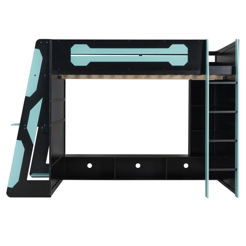 Full Size Loft Bed with Desk and RGB LED Lights, Wood Gaming Loft Bed Frame with Storage Shelves, TV Console Space and Multi-Functional Study Workstation for Teens Bedroom