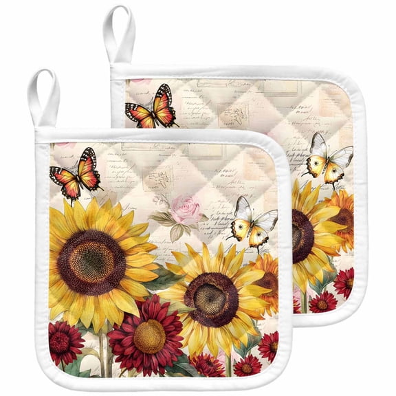 Sunflower Pot Holders for Kitchen Heatproof Potholder, 2 Pack Farmhouse Rose Floral Vintage Butterfly Hot Pads Multipurpose Oven Pads Cloth Potholders Trivet for Cooking and Baking