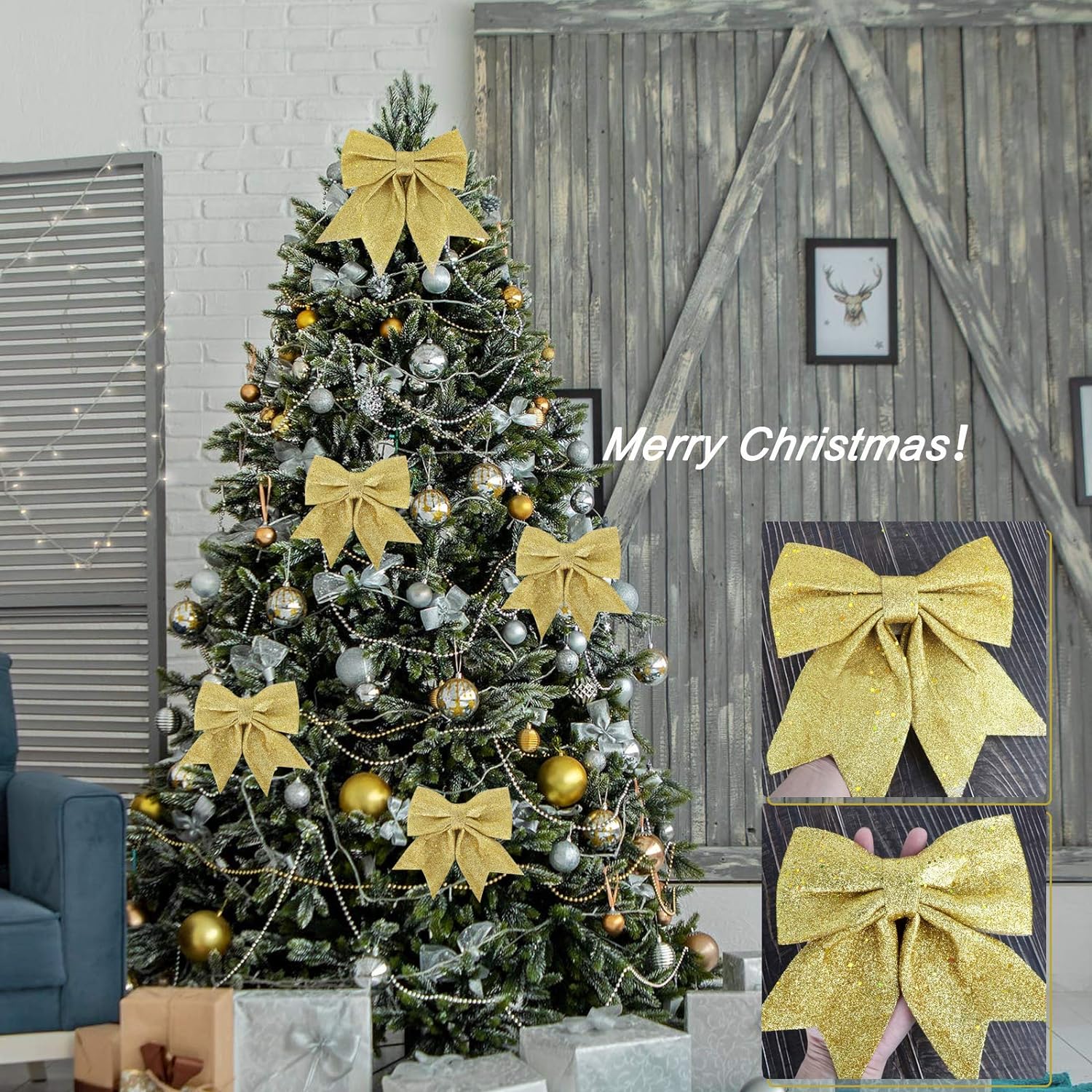 LINLIN Large Gold Glitter Bows for Christmas Tree Decoration- 5PCS Christmas Decorative Bows Christmas Tree Bow Christmas Bows Decorative Xmas Decor Wreath Ornament