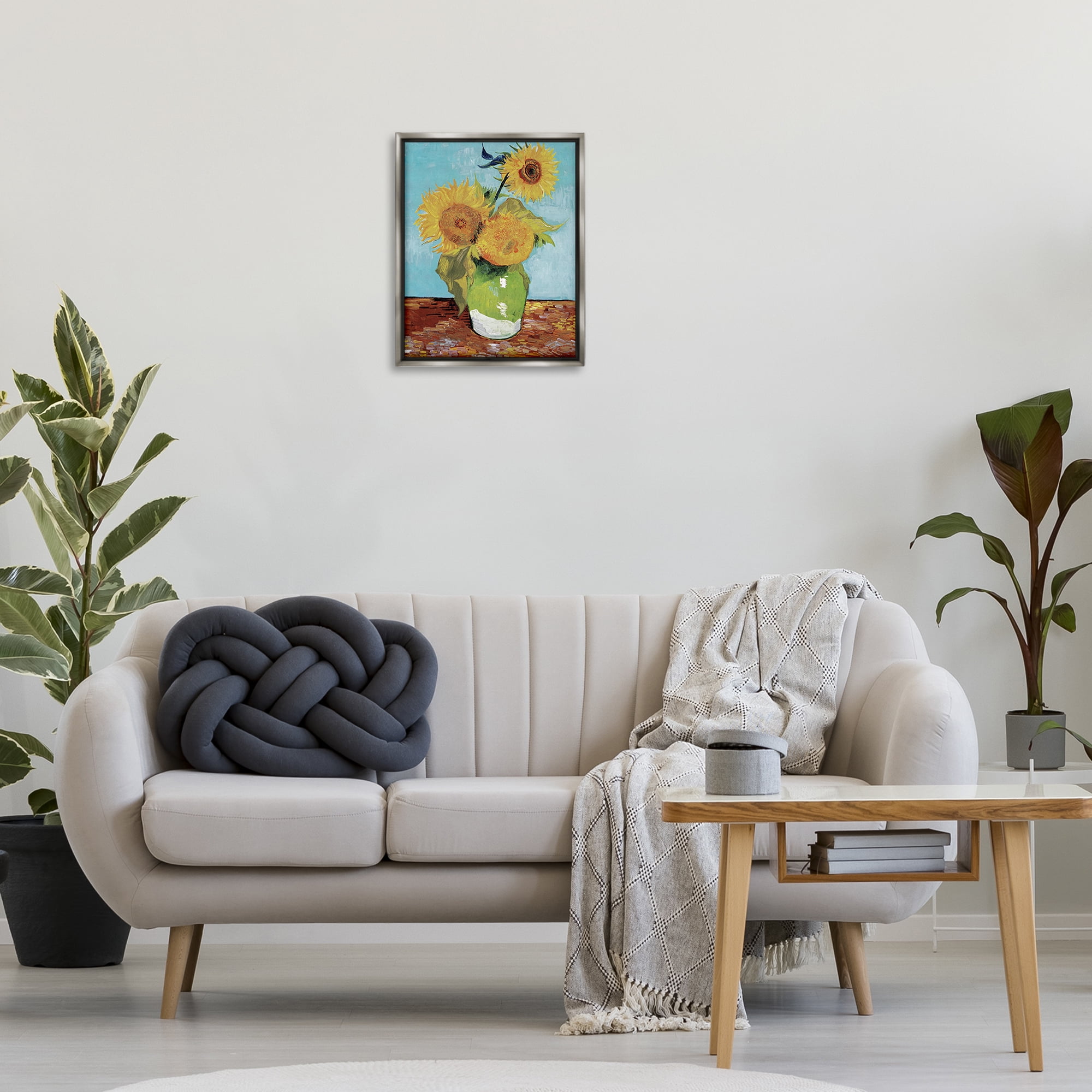 Stupell Industries Van Gogh Sunflowers Botanical & Floral Painting Gray Floater Framed Art Print Wall Art, 17 x 21