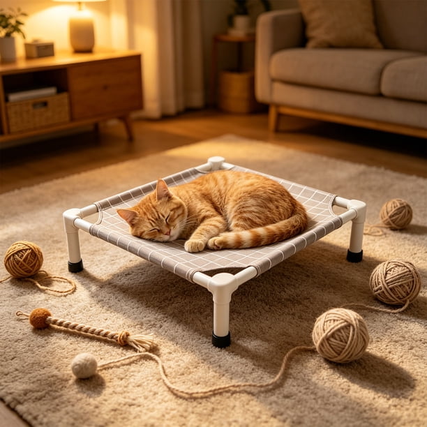 Cama elevada de madera para mascotas, cama elevada con funda lavable y transpirable, tumbona refrescante interior para gatos y perros