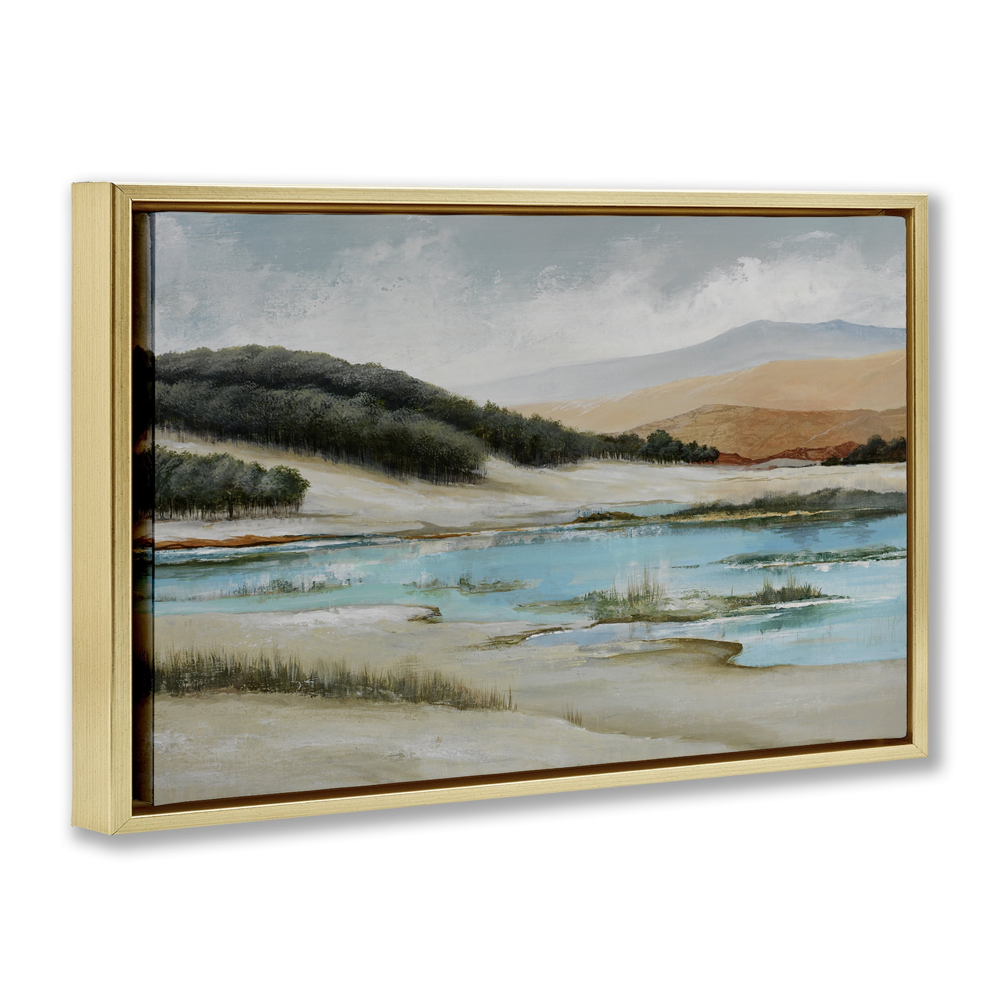 Stupell Industries River's Edge Landscape Landscape & Nature Painting Gold Floater Framed Canvas Art Print Wall Art, 31 x 21