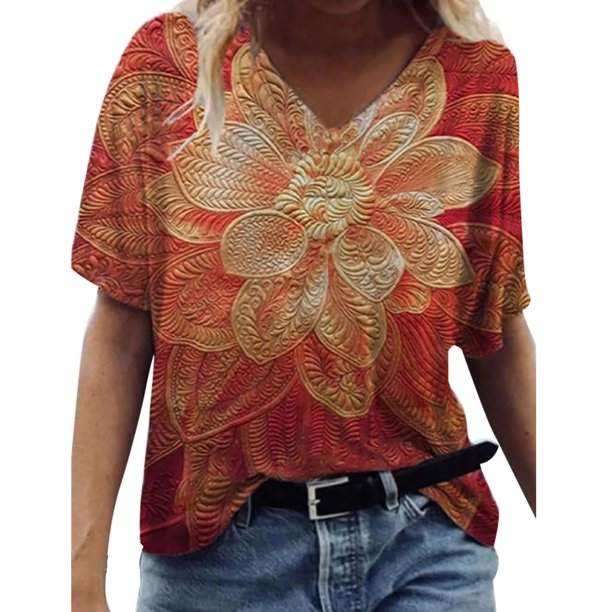 Pntutb - Camiseta de manga corta suelta con cuello en V y estampado informal para mujer Pntutb Pntutb-1161