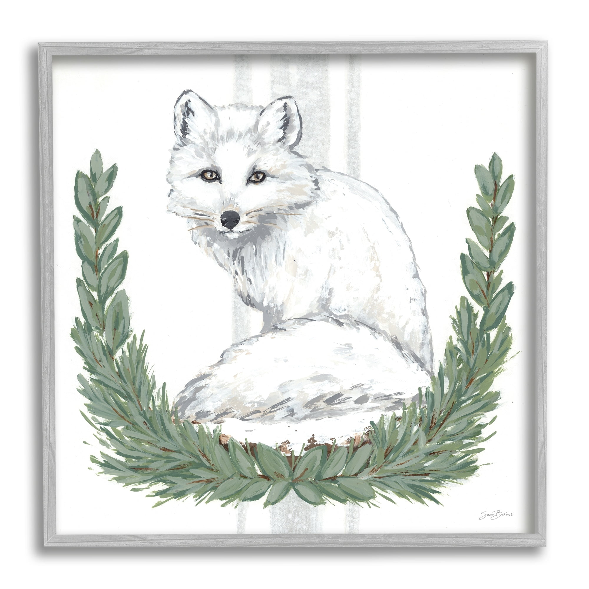 Stupell Industries White Arctic Fox Stripes Botanical Laurel Border Graphic Art Gray Framed Art Print Wall Art, Design by Sara Baker