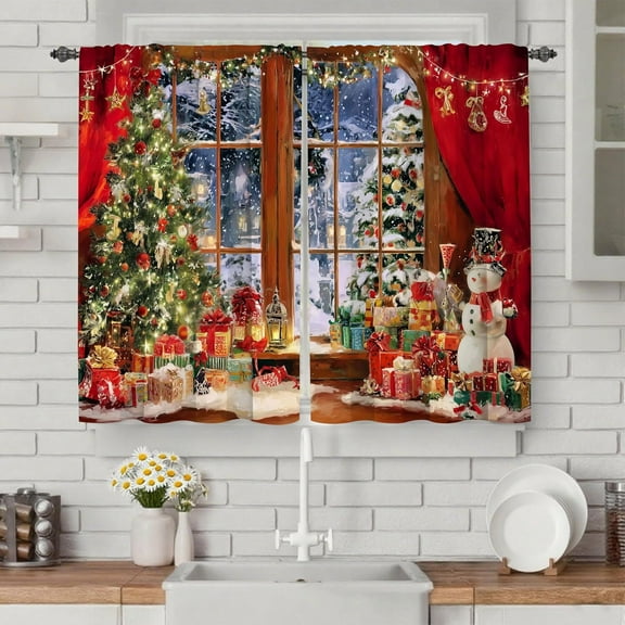 Christmas Night Kitchen Curtains Cafe Curtains for Bathroom Dining Room Living Room Pocket Window Drapes 2 Panels Set 28"x40"