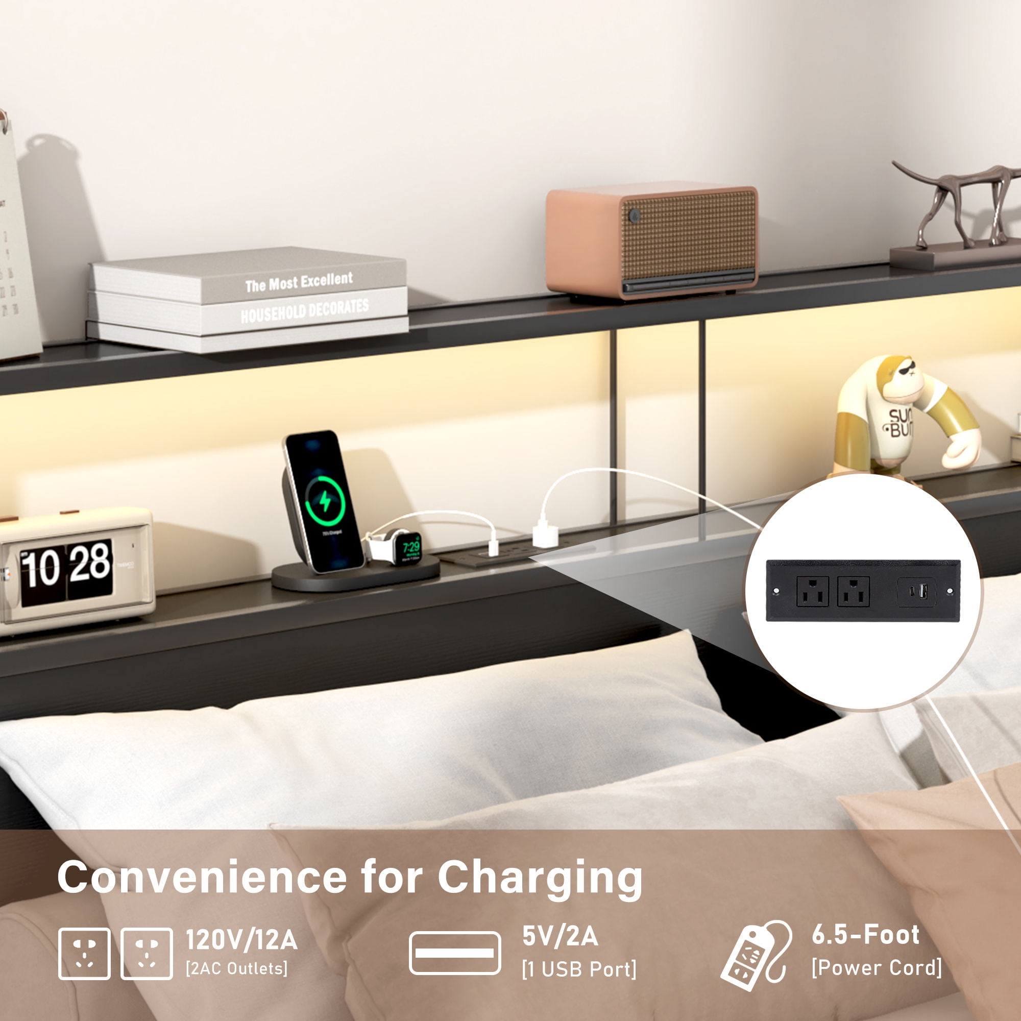 LED King Size Bed Frame with Storage Headboard & 4 Drawers, Industrial Metal Platform Bed with Power Charging Station & USB Ports