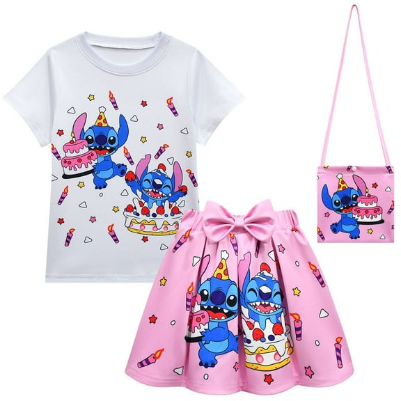 stitch Girls Cartoon Short Sleeve Shirt and 3D Printed Skirt Set with Bag 3 Piece Outfits for Girls