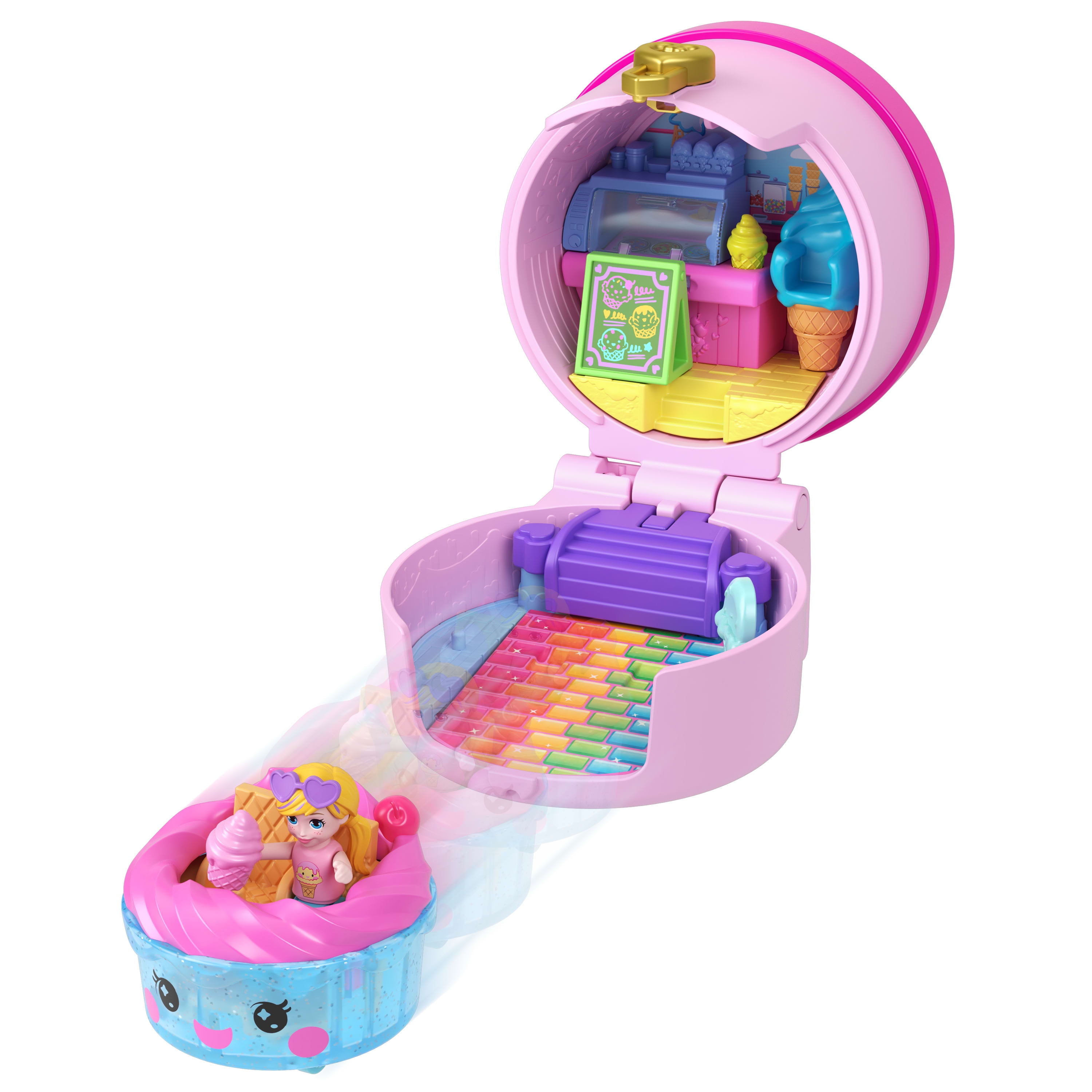 Polly Pocket Tiny Take Out Reveal Assortment, Micro Dolls & Compacts with Toy Cars, Food Theme Vehicle Collection, Ages 4Y+