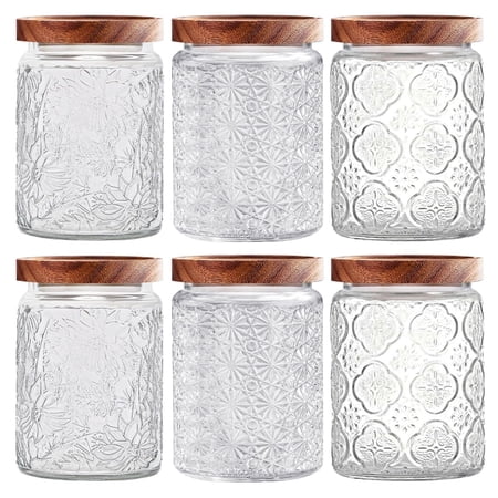 JOGGEIL Vintage Glass Jars with Wooden Lids 6 Pack 24 oz Airtight Glass Food Storage Containers Sets for the Kitchen Sugar Coffee Candy Spice Cookie Tea Pasta