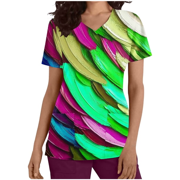 Vestido Corto para las Mujeres con Cuello en V Imprimir Manga Corta Bolsillo Enfermera Top, Poliéster Ligero para el Hogar Diario Y Desgaste Casual
